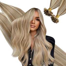 Ugeat Blonde Utip Hair Extensions Human Hair Golden Brown Highlights Bleach Blonde K Tip Hair Extensions Real Human Hair Blonde Fusion Hair Extensions for Women 16 Inch 50S 50G