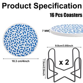 ZOFUN 16 Pcs Coasters Set Anti Slip, 10.3 x 0.7 cm Ceramic Coaster Set of 8 Paintings, Round Coasters with Cork Base, Blue & White Painted Ceramic Coasters for Coffee Table, Party, Office, Gifting