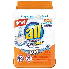 All Mighty Pacs Laundry Detergent with Oxi Stain Removers and Whiteners, Free Clear, Pouch, 32 Count