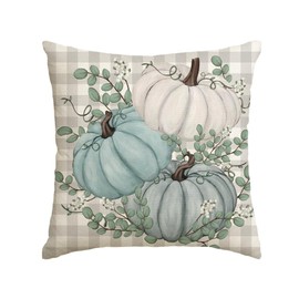 AVOIN colorlife Buffalo Plaid Pumpkin Eucalyptus Leaves Throw Pillow Cover 18x18 Inch, Fall Autumn Thanksgiving Harvest Decoration for Home Sofa Couch