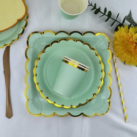 30 piezas de vajilla de papel de colores sólidos con plato redondo, plato cuadrado, tazas, adecuado para cumpleaños, fiestas temáticas, reuniones familiares, etc.(Verde)