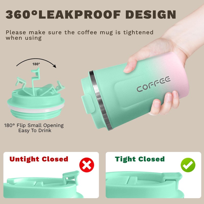 Travel coffee mugs leak-proof, reusable coffee cups with lids, stainless