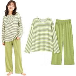 Sunecho Women's Pajamas, Cotton Long Sleeve Set, Four Seasons, Loose Fit, Cute, Breathable & Skin-friendly, Comfortable Nightwear, Soft Sleepwear, Comfortable Pajama Set, green, M