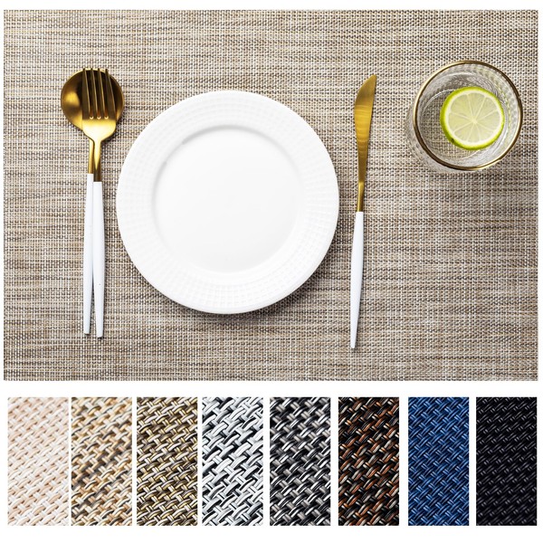 LEXMORE Placemats Set of 8 Vinyl/Plastic Woven Place Mats for Kitchen Table Indoor/Outdoor Washable Placemat Wipeable Dining Table Mats(Caramel)