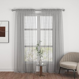 Grey Sheer Curtains 92 inches Long Living Room Curtain Sheers Kitchen Basement 2 Panels Dining Voile Linen Textured Transparent Bedroom Drapes Rod Pocket Window Treatment Set