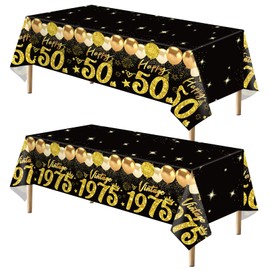 2pcs 50th Birthday Tablecloth, Black Gold 50th Birthday Decorations for Men Women Vintage 1975 Table Cloth Plastic Rectangular 50th Birthday Table Cover Happy 50th Birthday Anniversary Party Supplies