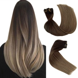 Valiilo Brown Highlights Hair Extensions Clip in Human Hair Extensions Medium Brown to Ash Brown Ombre Real Remy Hair Extensions 22 inch Long Straight Double Weft Natural Hair 7 Pieces 70g for Women