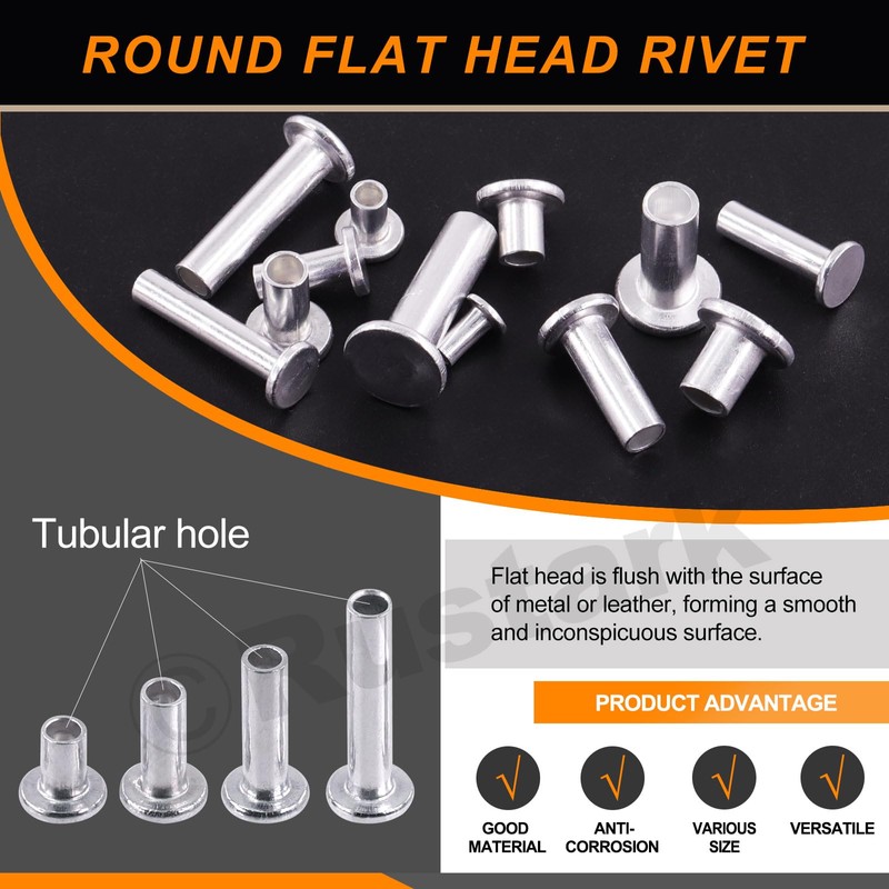 Rustark Round Flat Head Rivet Nuts Stud Rivet Semi-Tubular Silver