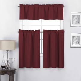 Interior Trends Twilight 3 Piece 100% Blackout Insulated Rod Pocket Kitchen Window Curtain Panel Tiers and Valance Set (36" Tiers Set, Burgundy)