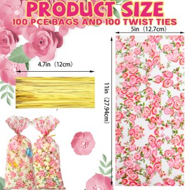 LEOSINDA 100 Pieces Roses Cellophane Treat Bags, 5 X 11 Inches Candy Bags for Gift Wrapping, Wedding Bridal Shower Supplies Favors Decorations Birthday Theme Floral Graduation Decor (Flowers)