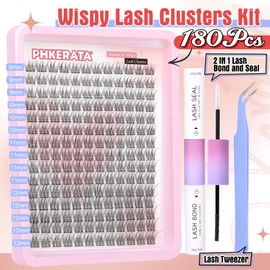 Wispy Lash Extension Kit 180Pcs Natural Cluster Lashes DIY Eyelash Extension Kit Fluffy C Curl Individual Lashes with Lash Bond and Seal and Lash Tweezers Lashes Individual Cluster by PHKERATA, 9-12MM
