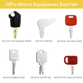 12 Heavy Equipment Keys, Machine Key Master Set for Cat Caterpillar John Deere Komatsu Bobcat Hyster Takeuchi Case Kobelco Lucas New Holland Construction Equipment