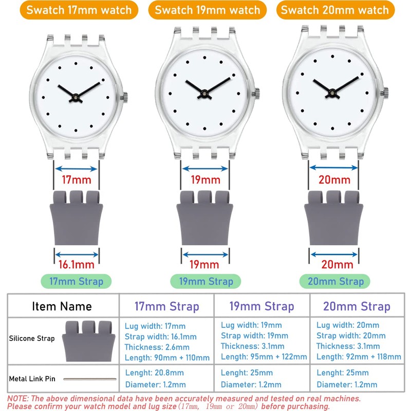 Lijinlan Replacement Silicone Band for Swatch 17mm 19mm 20mm, Waterproof