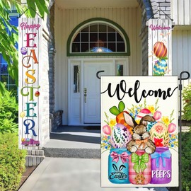 NASIAN Happy Easter Garden Flag Welcome Bunny Peeps Spring Yard Garden Flags for Outside 12x18 Double Sided 3 Layer Polyester Outdoor Easter Decorations