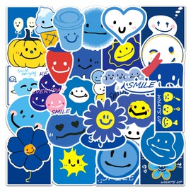 Sanyeyufeng Cute Cartoon Water Bottle Stickers 50 PCS Waterproof Vinyl Stickers Laptop Notebook Cup Suitcase Phone Skateboard Guitar Bike Stickers for Kids Girls Teens Adults (Blue Smiley Face)