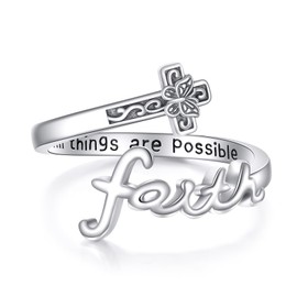 JERWL Cross Faith Rings 925 Sterling Silver Cross Ring for Women Adjustable Christian Rings Religion Jewelry For Women Friend