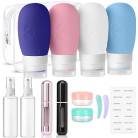 Juego de 14 Botellas De Viaje Silicona, Contenedor de Viaje Aprobado Por La Tsa, Accesorios de Viaje Sin Bpa, A Prueba de Fugas, Comprimible, Kit de Viaje Recargables para Champú, Loción (Azul)