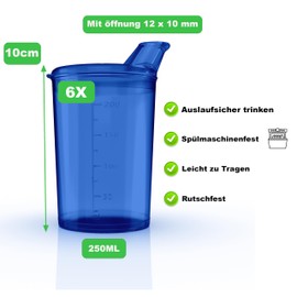 Sippy Cups with Lids 250 ml Sippy Cups for Seniors Blue Set of 6 Cups with 6 x Lids Opening 12 x 10 mm Drinking Cup with Lid Drinking Cup Baby (Blue)