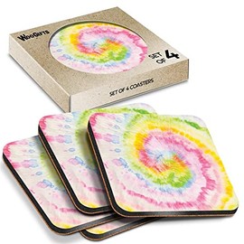 4 x Square Coasters - Pastel Pink Yellow Die Tye Boho Hippy Retro Cork Backed MDF Glossy Tea Coffee Accessory #170706