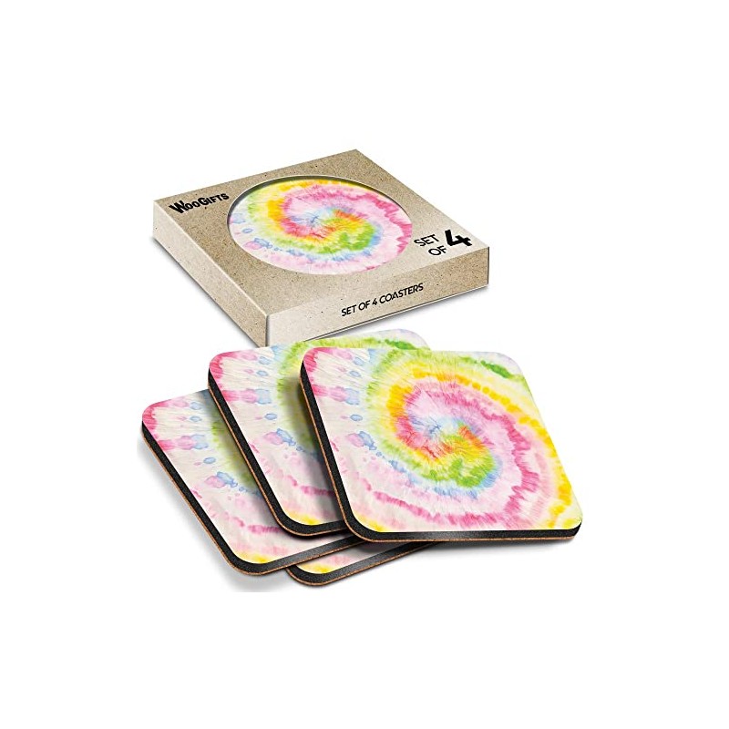 4 x Square Coasters - Pastel Pink Yellow Die Tye