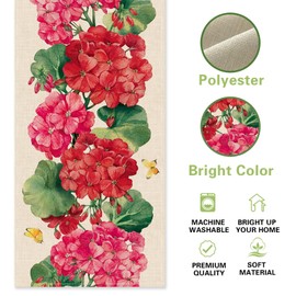 Uruney Spring Summer Geranium Flower Table Runner, Red Floral Butterfly Kitchen Dining Table Decoration, Seasonal Burlap Indoor Outdoor Home Decor Party Supply 13 x 36 Inches