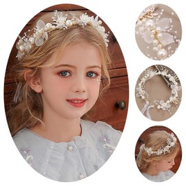 VIDSTW White Hair Accessories Communion Girls and Pack of 5 Hair Clips, Hair Accessories Wedding Flower Girl with Pearls, White Flowers, Adjustable Flower Wreath Hair Headband for Engagement, Date,