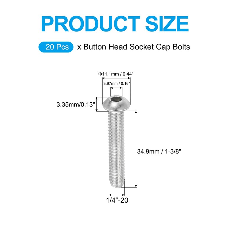 PATIKIL 10pcs 1/4-20x1-3/8" Button Head Socket Cap Bolts 304 Stainless
