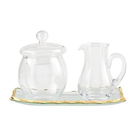 Mud Pie Gold Edge Glass Cream and Sugar Set, tray 4" x 7", Clear