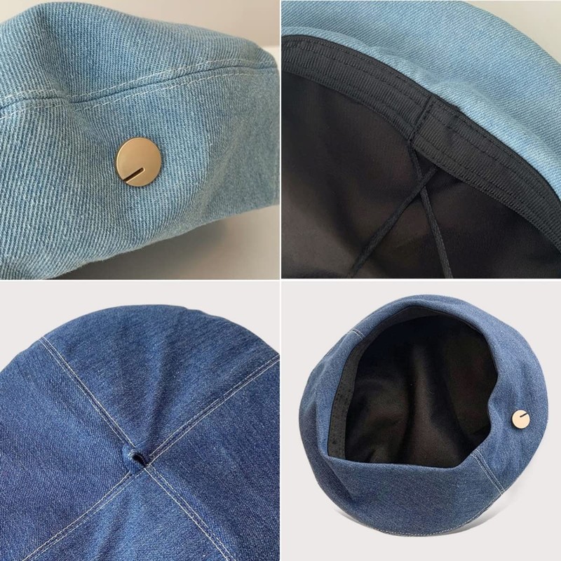 Weuiean NZH-610 Denim Beret Women's Button Decorated Hat, Adjustable Size,