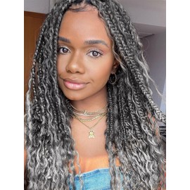 7 Packs Grey Crochet Box Braids Curly Ends 14 Inch Goddess Box Braids Crochet Hair 3X Bohemian Hippie Crochet Braids for Woman, 1B/Gray Braiding Hair Extensions