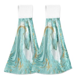 Blueangle Set of 2 Turquoise Marble Texture Hanging Tie Towels Kitchen Hand Towel Absorbent Soft Coral Velvet Dish Wipe Cloth for Kitchen Bathroom