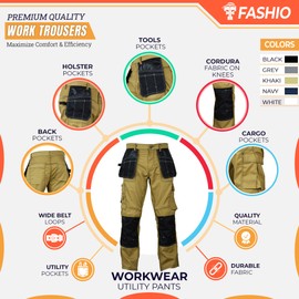 Men's Construction Pants with Cordura Knees Reinforced Carpenter Work Pants Tactical Workwear Cargo Safety TrousersKhaki 32-30