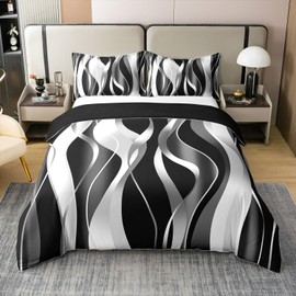Feelyou Black White Stripes Bedding Set Queen Size Ombre Bedding 100% Cotton Duvet Cover Set Geometric Comforter Cover Set Modern Striped Art Bedspread Cover Abstract Art Quilt Cover 3Pcs,No Comforter