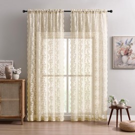 FOLKSIDE Beige Lace Curtains - 63 Inch Length, 2 Panels Set - Victorian Floral Sheer Curtains for Living Room & Bedroom - Rod Pocket, Light Filtering, Paisley Crochet Drapes, 52x63