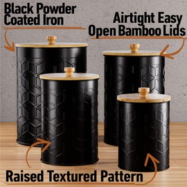 Kitchen Canisters for Countertop Set of 4 - Textured Iron Kitchen Canisters with Airtight Lids - Flour Sugar Canister Set - Flour and Sugar Containers Farmhouse - Coffee Jar for Counter - Black Jar x4