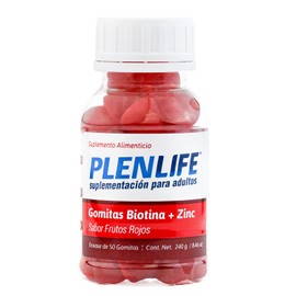 PLENLIFE - Gomitas con Biotina y Zinc - Suplemento sin Azúcar Sabor Frutos Rojos - Frasco con 50 Gomitas / 240 Gramos
