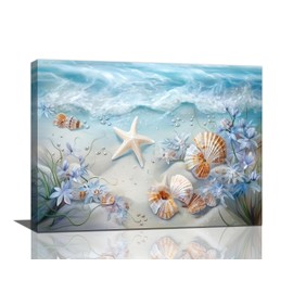 yerretin Beach Seashell Bathroom Wall Art Coastal Starfish Pictures Wall Decor Modern Home Canvas Painting Decorations Artwork for Living Room Bedroom Office Framed, 16"x12"