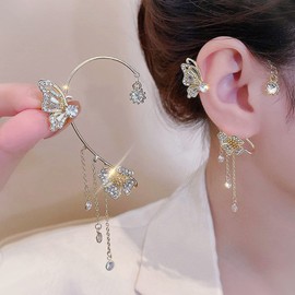 2 PCS Butterfly Ear Cuff Earrings for women No Pierced Zircon Butterfly Ear Cuffs Hanging Butterfly Earrings Ear Wrap Earrings for Teen Girls Women Mother Jewelry Set (4-gold)