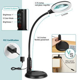 TOMSOO 10X Magnifying Glass with Light and Clamp, 5 Color Modes Stepless Dimmable Lighted Magnifier with Stand, Flexible Gooseneck LED Desk Lamp Hands Free for Craft Reading Painting Hobby Close Work