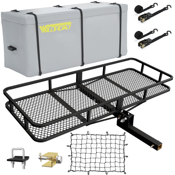Wildroad Hitch Cargo Carrier Basket Combo 60" x 24" x 6" 500 LBS Folding Trailer Hitch Cargo Carrier Fits 2" Receiver with 18.2 Cubic feet Cargo Bag, Hitch Stabilizer, Cargo Net and Ratchet Straps