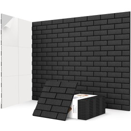 12Pack Acoustic Panels, Self-Adhesive 3D Brick Pattern Sound Proof Panels for Walls, Decorative Sound Dampening Wall Panels for Recording Studios, Offices, Home, 12"×12"×0.4", Black