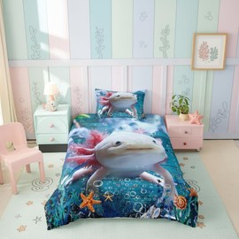 feelyou Cute Axolotl Duvet Cover, Seaweed Coral Shell Duvet Cover for Girls Teens Decorative Bedroom Sea Animals Polyester Duvet Cover with 1 Pillowcase 155 x 220 cm