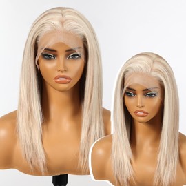 KOME Blonde Synthetic Lace Front Wig, Shoulder Length 13x6 HD Lace Layered Straight Glueless Wigs for Women Daily Use 16IN