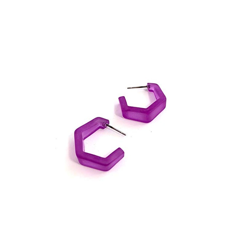 Violet Purple Frosted Lucite Geometric Tapered Hex Hoop Earrings -
