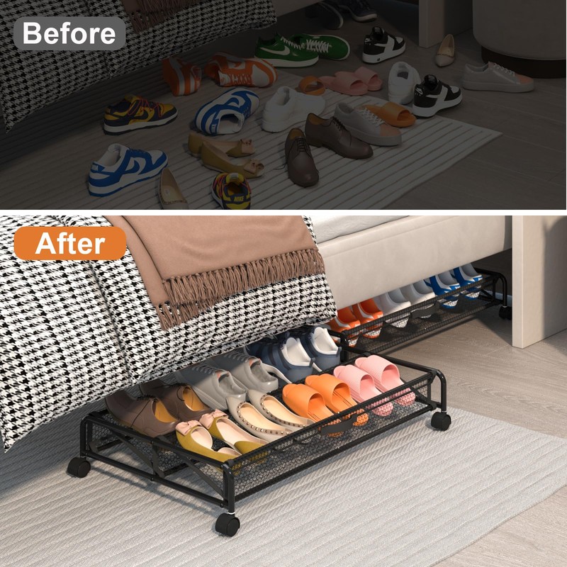 KOSIWU Under Bed Shoes Storage, 2 Pack Rolling Under-bed Storage