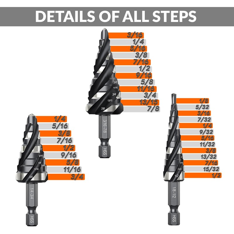 THINKWORK Four Spiral Flute Step Drill Bit Set, 3 Pcs