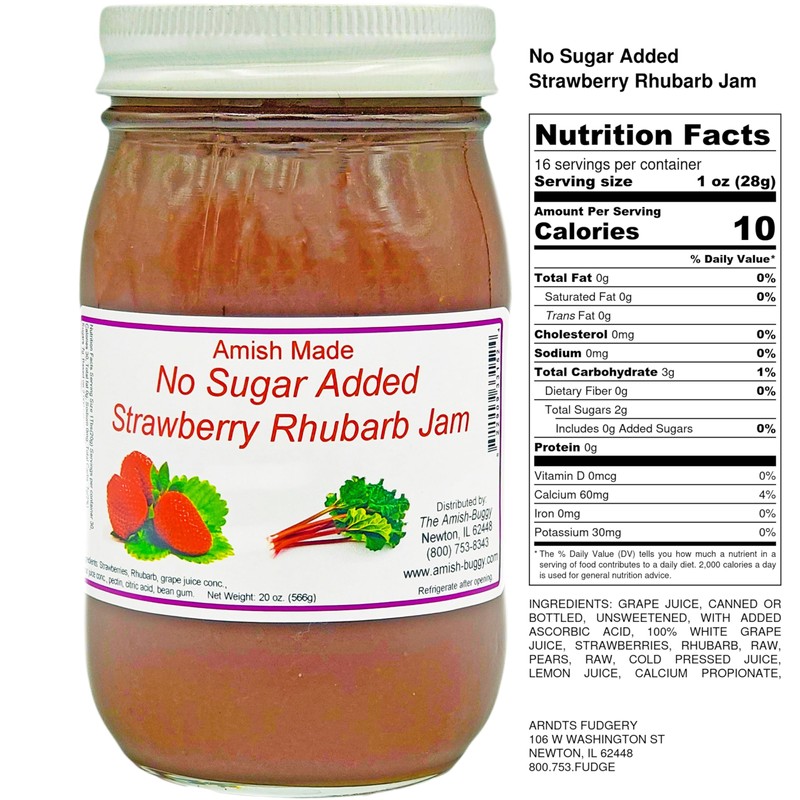Amish Strawberry/Rhubarb Jam - No Sugar Added - Two 16