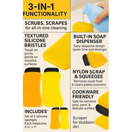 2 Pack 3-in-1 Silicone Sponge Reusable Durable Long Lasting Scrubber Scraper