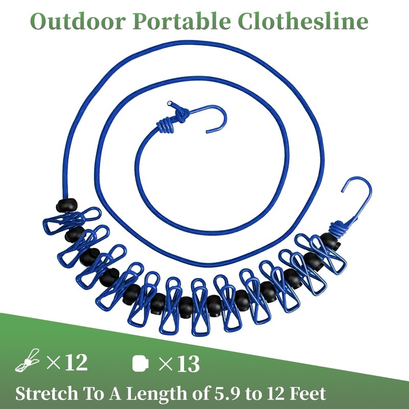 BODFPPC Travel Washing Line with 12 Clips, Portable Windproof Retractable
