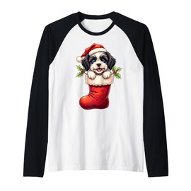 Havanese Christmas Stocking Puppy Dog Lover Holiday Raglan Baseball Tee